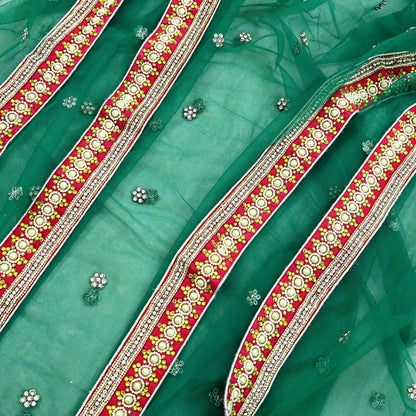 Indian Vintage Heavy Bridal Dupatta Green Net Mesh Long Stole Hand Embroidered Scarf Zardozi Zari Sequins Wedding/Party wear hijab veil