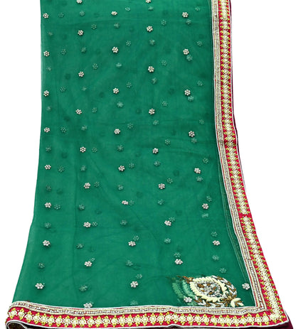 Indian Vintage Heavy Bridal Dupatta Green Net Mesh Long Stole Hand Embroidered Scarf Zardozi Zari Sequins Wedding/Party wear hijab veil
