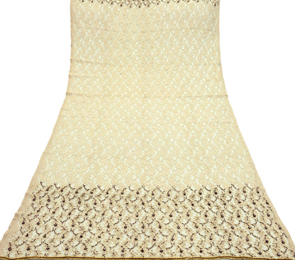 Indian Vintage Heavy Dupatta Beige Net Mesh Long Stole Hand Embroidered Scarves Zardozi/Dabka Zari Sequins Wedding Hijab Veil