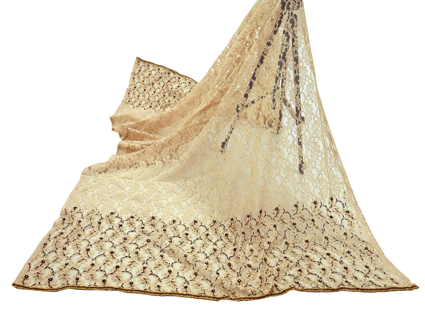 Indian Vintage Heavy Dupatta Beige Net Mesh Long Stole Hand Embroidered Scarves Zardozi/Dabka Zari Sequins Wedding Hijab Veil