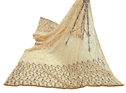 Indian Vintage Heavy Dupatta Beige Net Mesh Long Stole Hand Embroidered Scarves Zardozi/Dabka Zari Sequins Wedding Hijab Veil