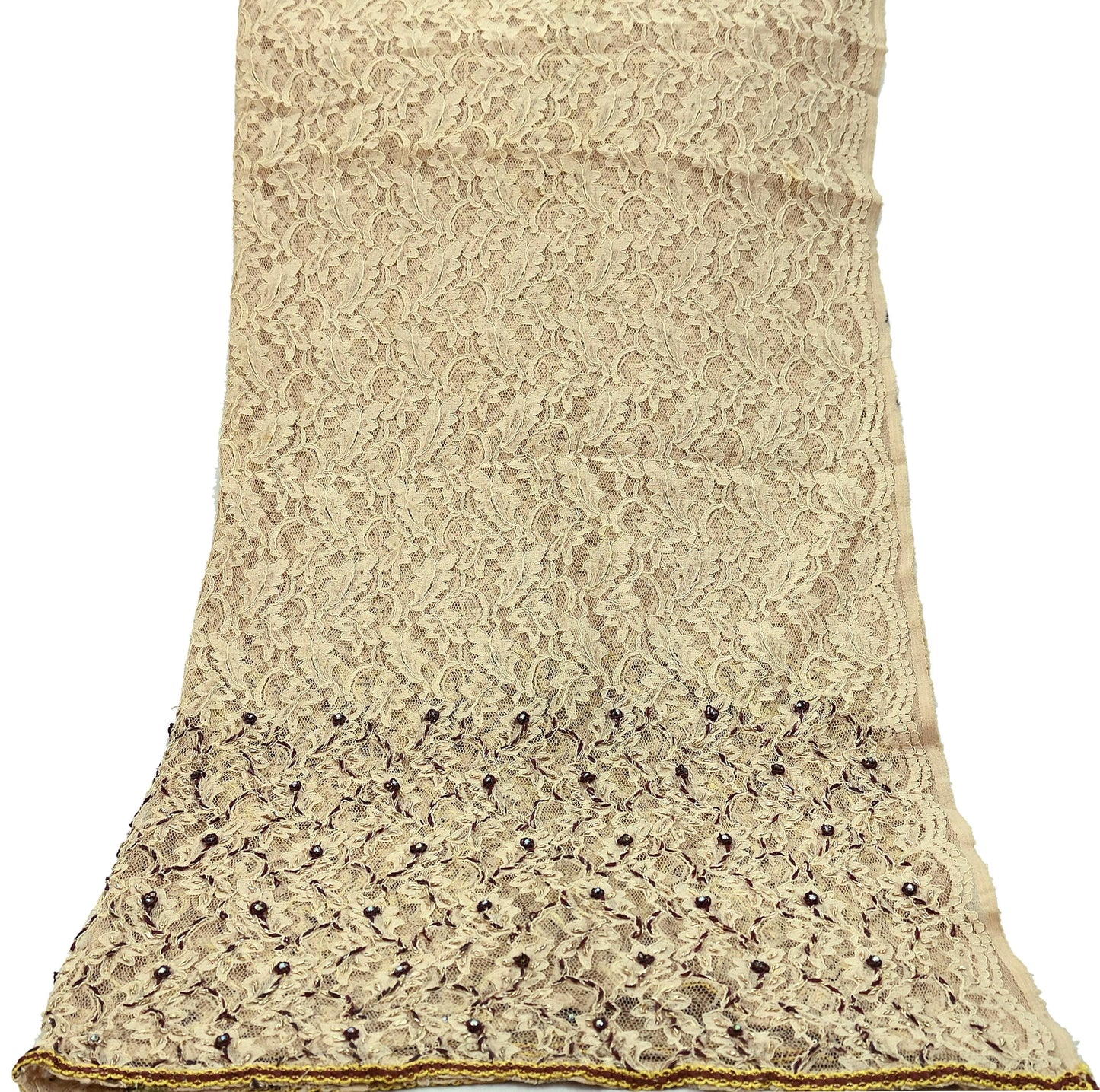 Indian Vintage Heavy Dupatta Beige Net Mesh Long Stole Hand Embroidered Scarves Zardozi/Dabka Zari Sequins Wedding Hijab Veil