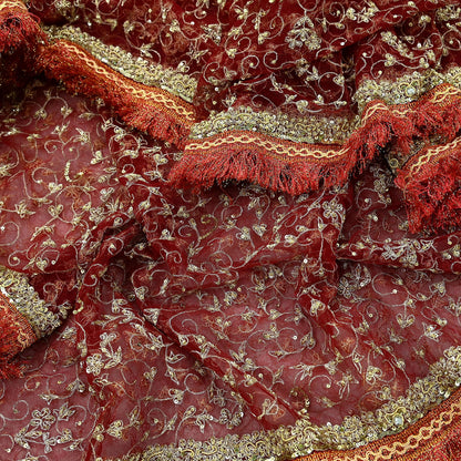 Indian Vintage Heavy Bridal Red Dupatta Net Mesh Long Stole Hand Embroidered Scarves Zardozi Dabka Zari Wedding dupatta veil hijab Fringes