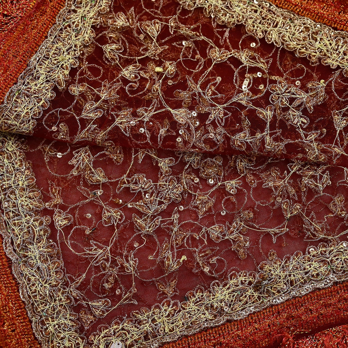 Indian Vintage Heavy Bridal Red Dupatta Net Mesh Long Stole Hand Embroidered Scarves Zardozi Dabka Zari Wedding dupatta veil hijab Fringes