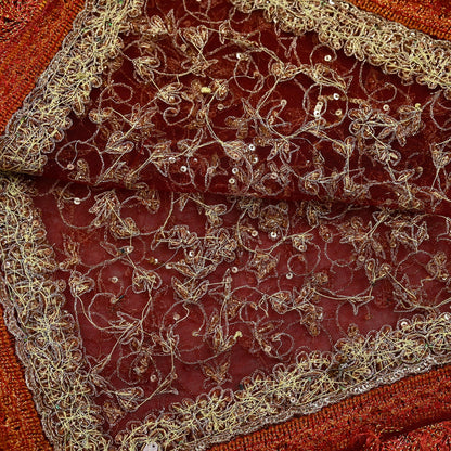 Indian Vintage Heavy Bridal Red Dupatta Net Mesh Long Stole Hand Embroidered Scarves Zardozi Dabka Zari Wedding dupatta veil hijab Fringes