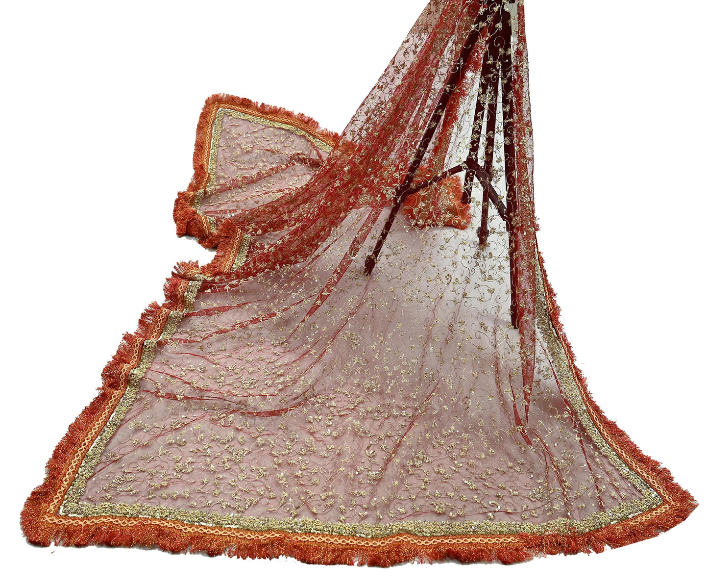 Indian Vintage Heavy Bridal Red Dupatta Net Mesh Long Stole Hand Embroidered Scarves Zardozi Dabka Zari Wedding dupatta veil hijab Fringes