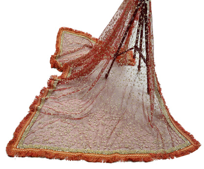 Indian Vintage Heavy Bridal Red Dupatta Net Mesh Long Stole Hand Embroidered Scarves Zardozi Dabka Zari Wedding dupatta veil hijab Fringes