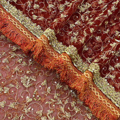 Indian Vintage Heavy Bridal Red Dupatta Net Mesh Long Stole Hand Embroidered Scarves Zardozi Dabka Zari Wedding dupatta veil hijab Fringes