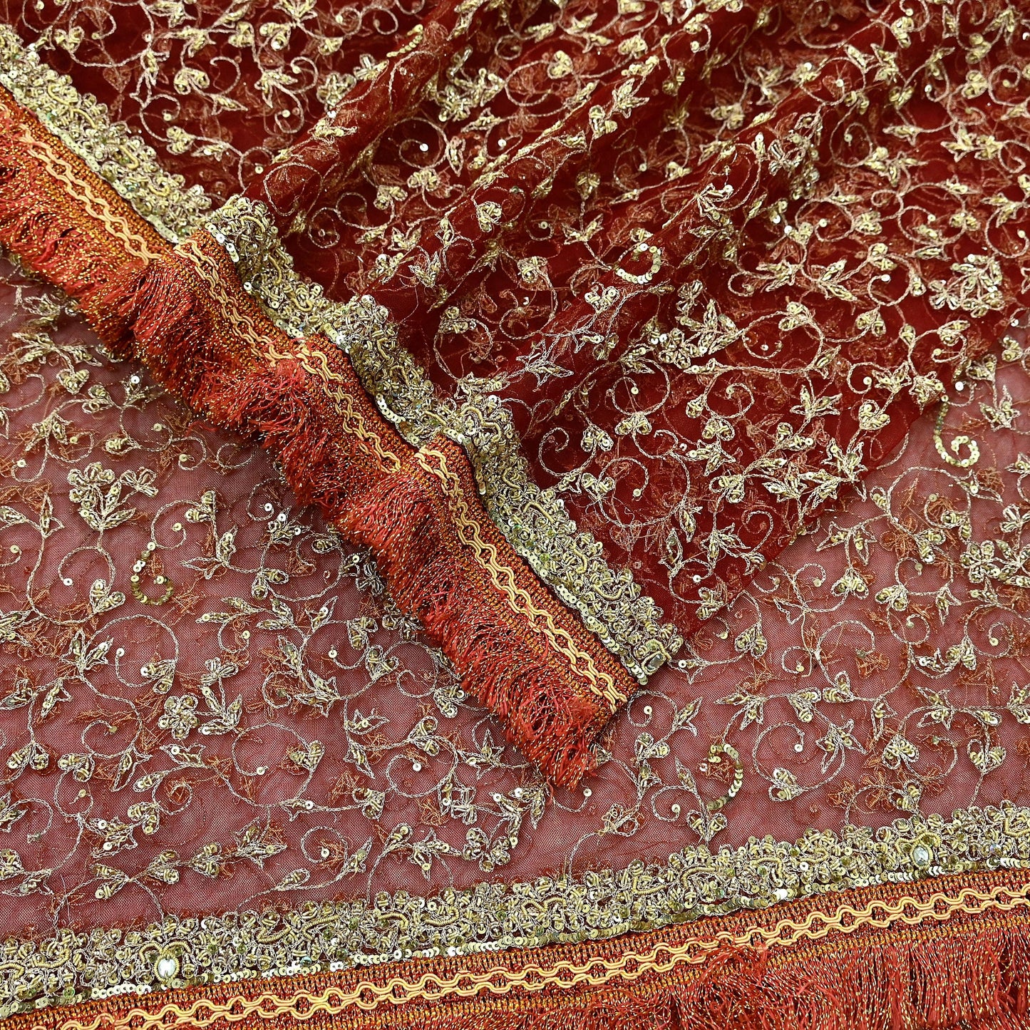 Indian Vintage Heavy Bridal Red Dupatta Net Mesh Long Stole Hand Embroidered Scarves Zardozi Dabka Zari Wedding dupatta veil hijab Fringes