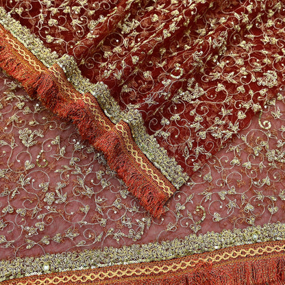 Indian Vintage Heavy Bridal Red Dupatta Net Mesh Long Stole Hand Embroidered Scarves Zardozi Dabka Zari Wedding dupatta veil hijab Fringes