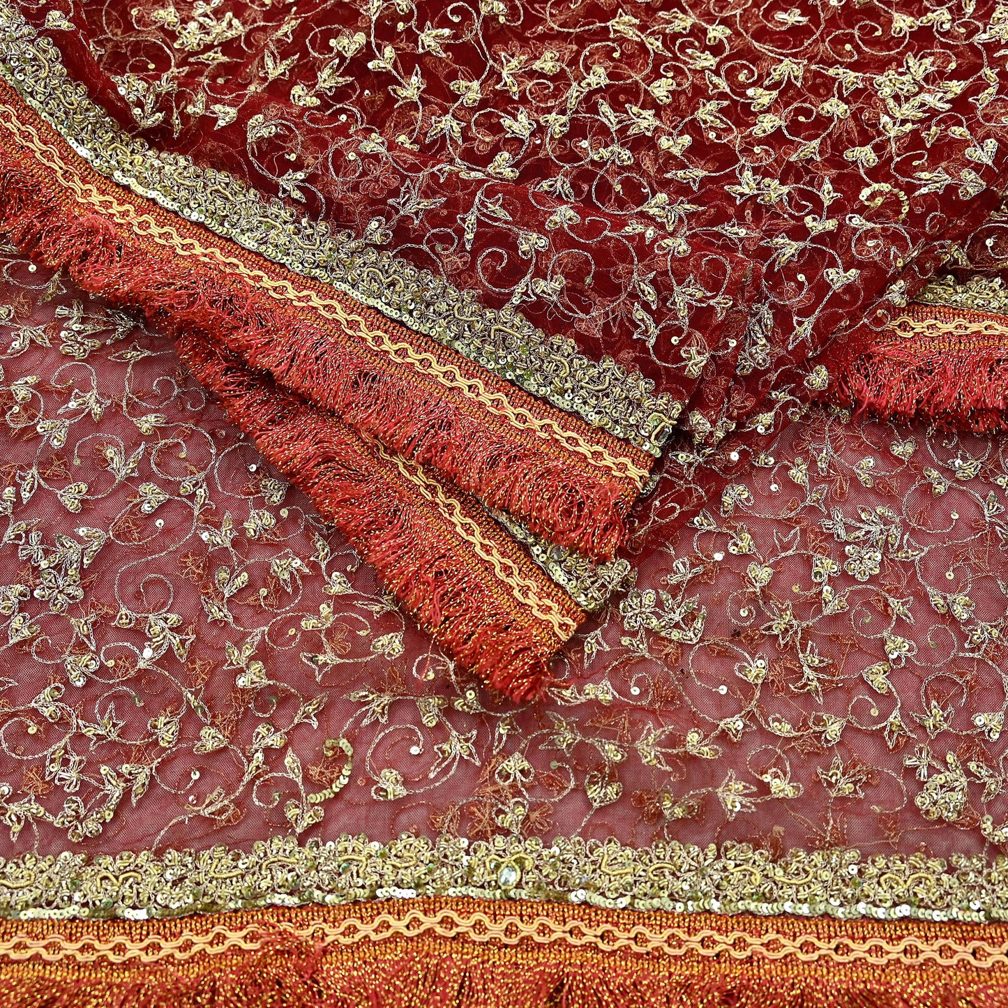 Indian Vintage Heavy Bridal Red Dupatta Net Mesh Long Stole Hand Embroidered Scarves Zardozi Dabka Zari Wedding dupatta veil hijab Fringes