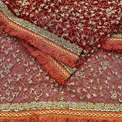 Indian Vintage Heavy Bridal Red Dupatta Net Mesh Long Stole Hand Embroidered Scarves Zardozi Dabka Zari Wedding dupatta veil hijab Fringes