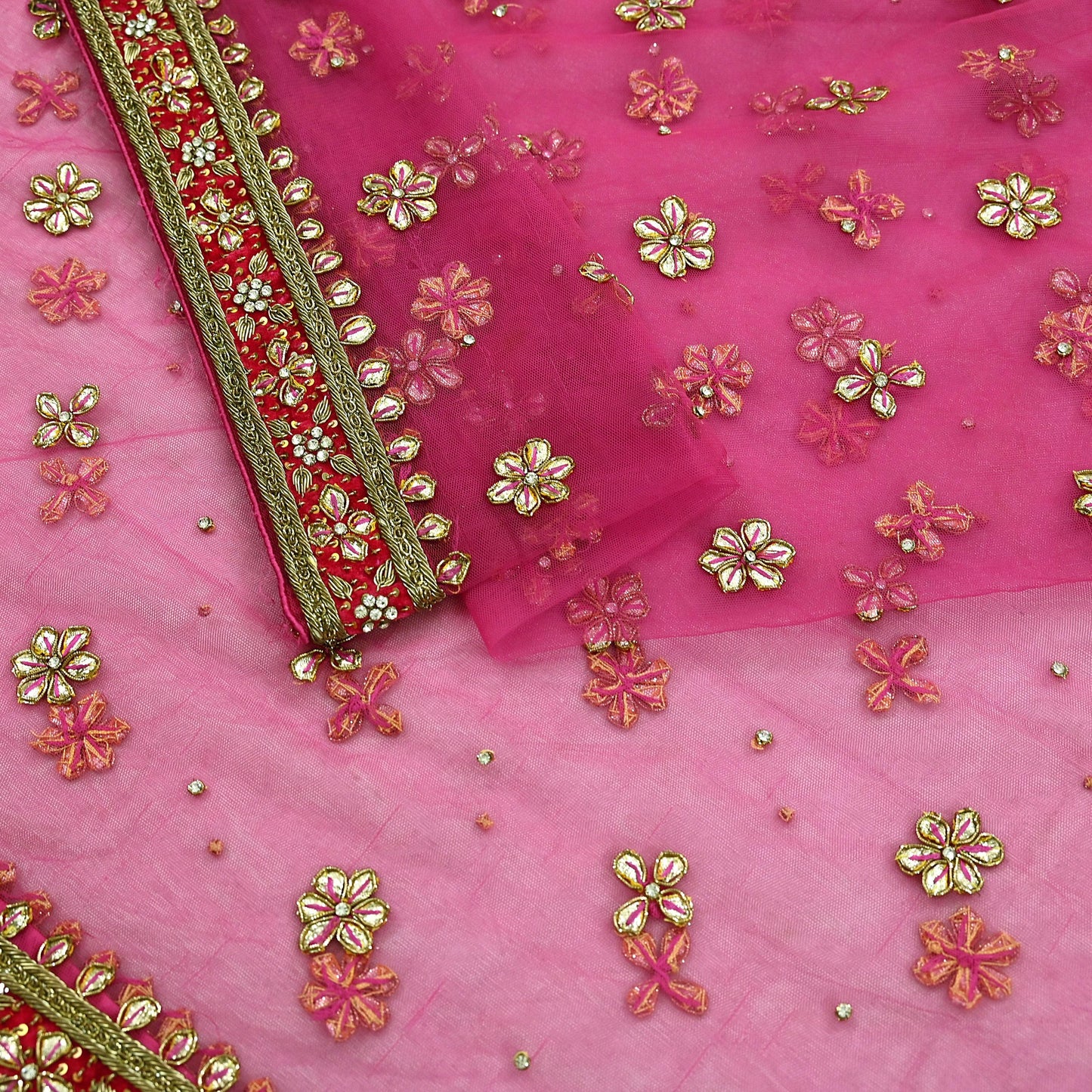 FREE SHIPPING Indian Vintage Heavy Pink Dupatta Net Mesh Long Stole Hand Embroidered Scarf Golden Zardozi Zari Glass Beaded Stole