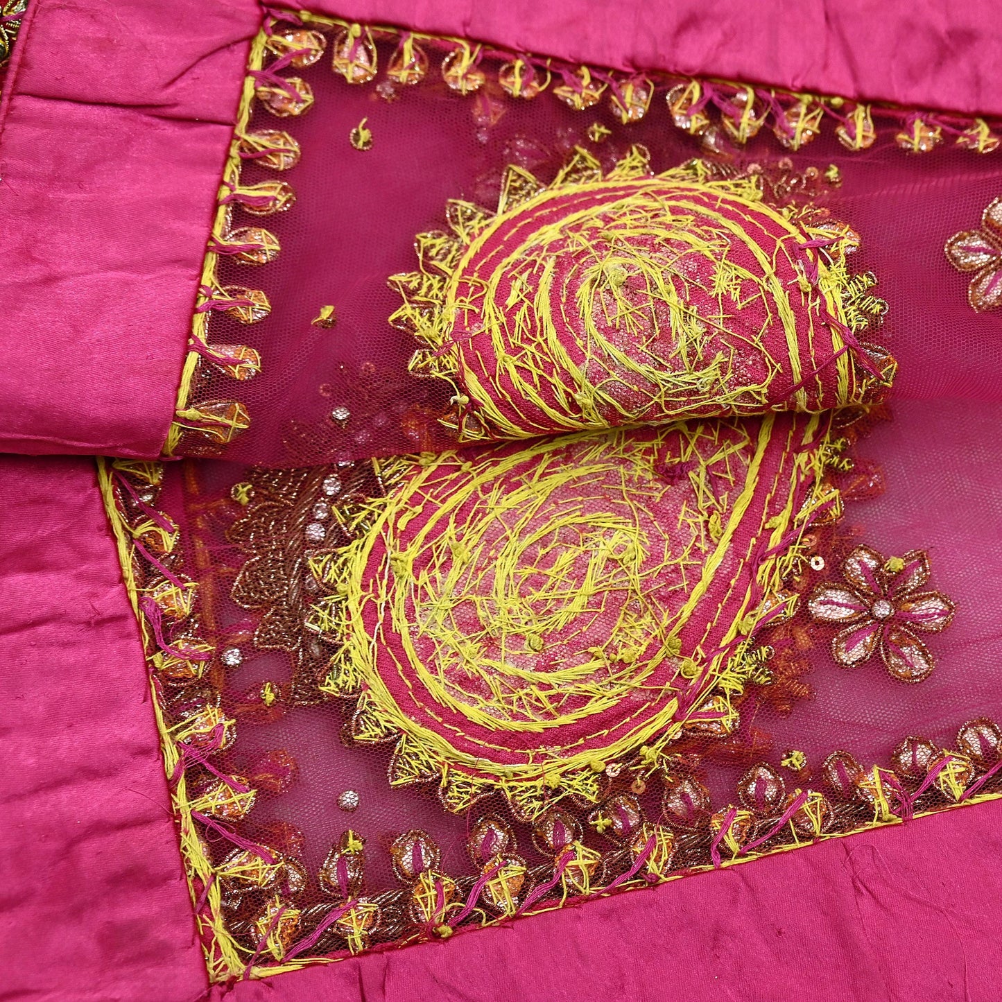 FREE SHIPPING Indian Vintage Heavy Pink Dupatta Net Mesh Long Stole Hand Embroidered Scarf Golden Zardozi Zari Glass Beaded Stole