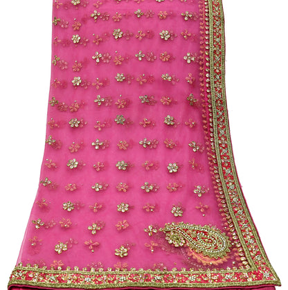 FREE SHIPPING Indian Vintage Heavy Pink Dupatta Net Mesh Long Stole Hand Embroidered Scarf Golden Zardozi Zari Glass Beaded Stole