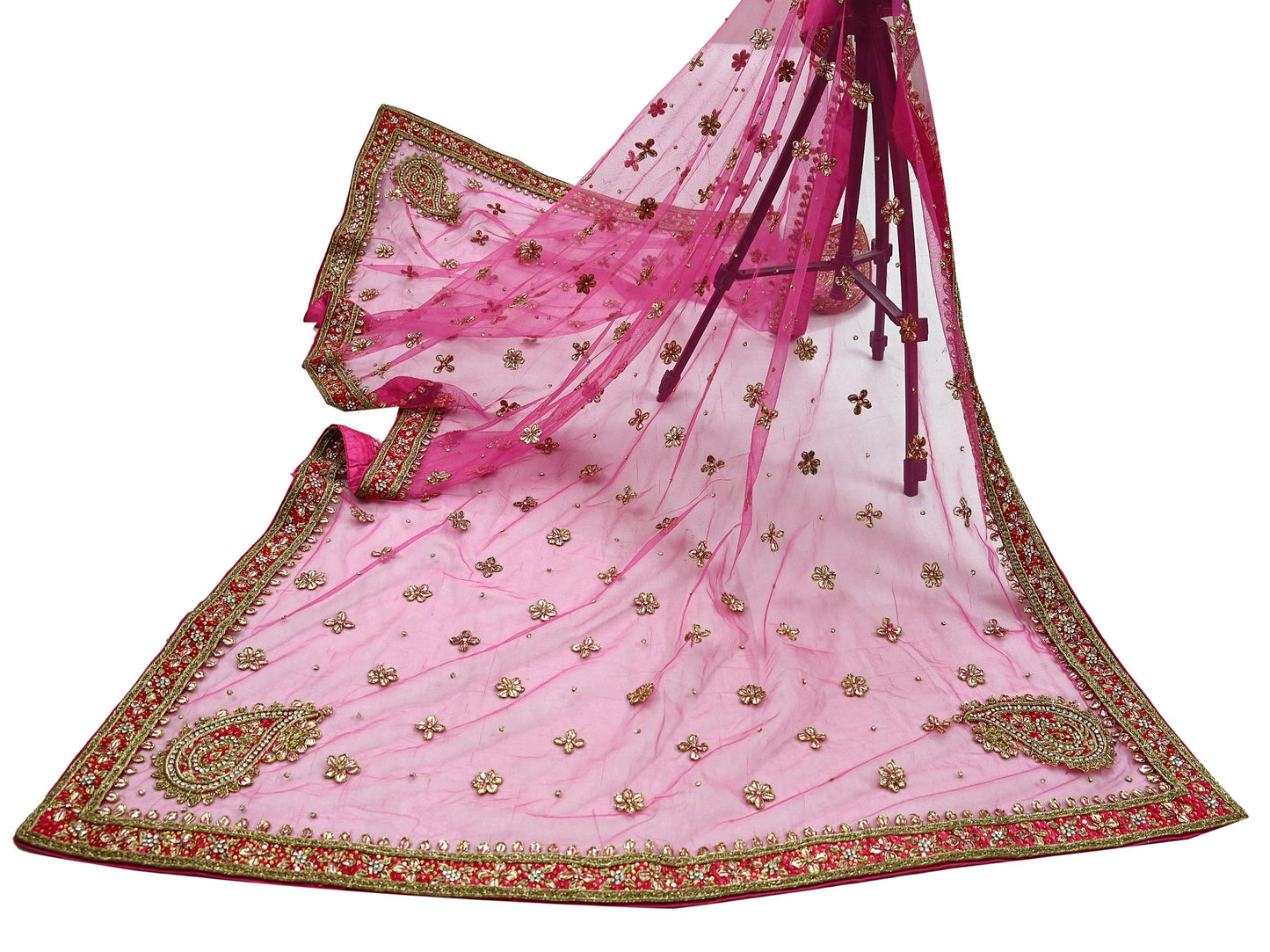 FREE SHIPPING Indian Vintage Heavy Pink Dupatta Net Mesh Long Stole Hand Embroidered Scarf Golden Zardozi Zari Glass Beaded Stole