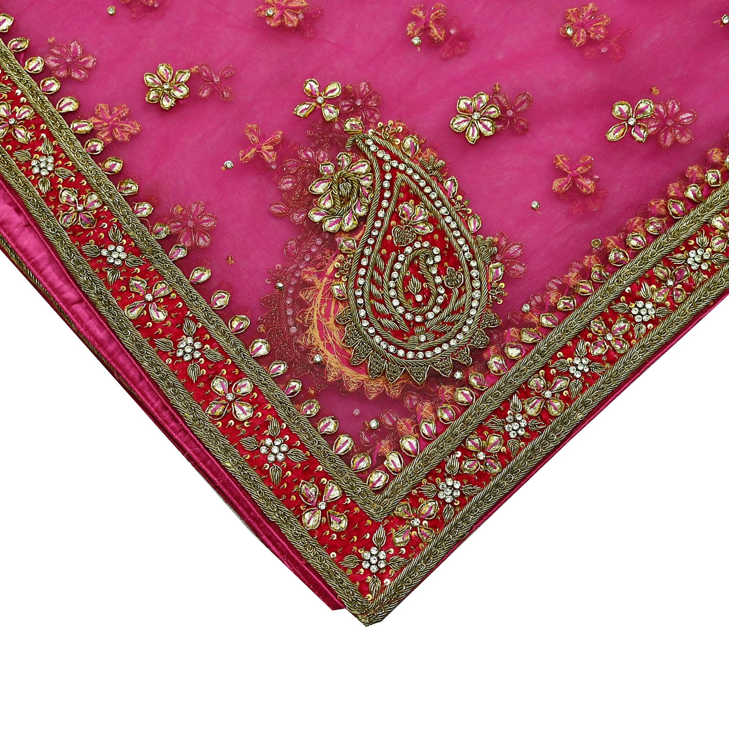 FREE SHIPPING Indian Vintage Heavy Pink Dupatta Net Mesh Long Stole Hand Embroidered Scarf Golden Zardozi Zari Glass Beaded Stole