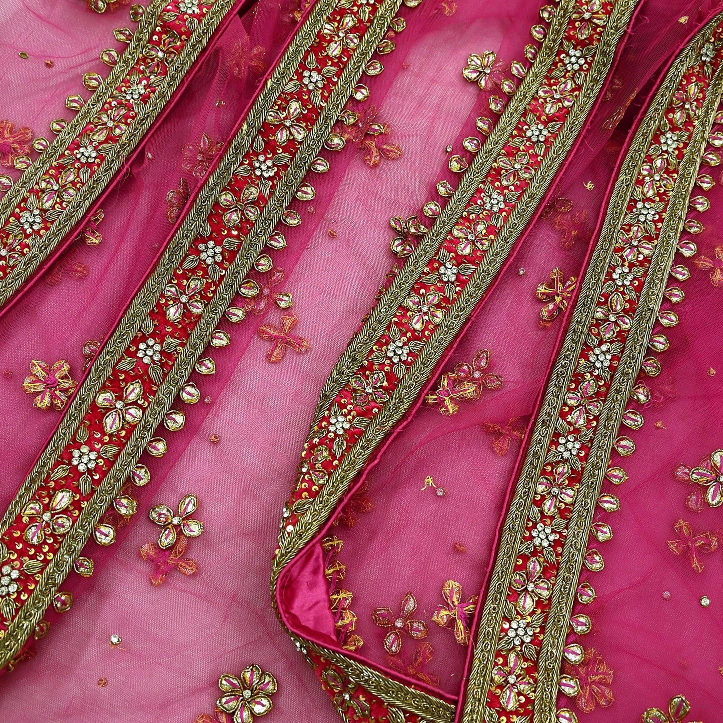 FREE SHIPPING Indian Vintage Heavy Pink Dupatta Net Mesh Long Stole Hand Embroidered Scarf Golden Zardozi Zari Glass Beaded Stole