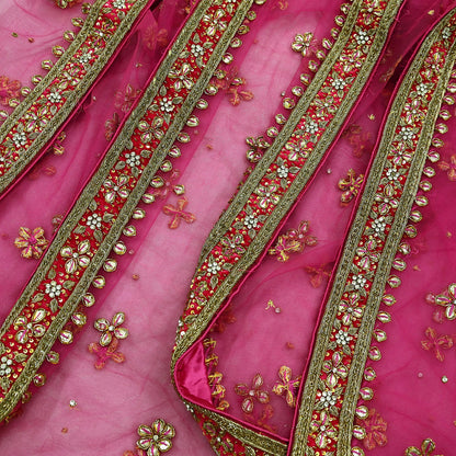 FREE SHIPPING Indian Vintage Heavy Pink Dupatta Net Mesh Long Stole Hand Embroidered Scarf Golden Zardozi Zari Glass Beaded Stole