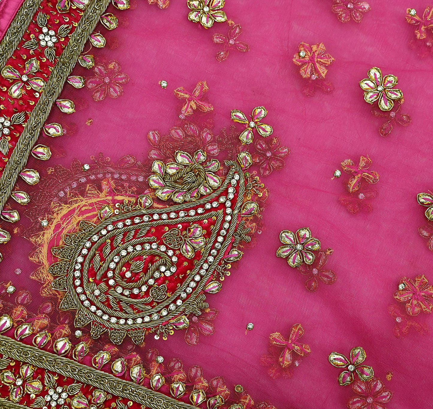 FREE SHIPPING Indian Vintage Heavy Pink Dupatta Net Mesh Long Stole Hand Embroidered Scarf Golden Zardozi Zari Glass Beaded Stole