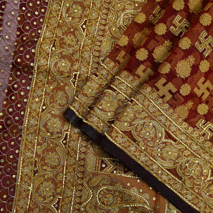 Indian Vintage Sari Maroon Hand Embroidered Saree Pure Organza Silk Craft Fabric 5Yd Ethnic Dress Making Crafting Quilting