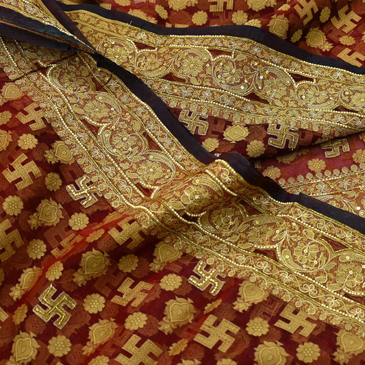 Indian Vintage Sari Maroon Hand Embroidered Saree Pure Organza Silk Craft Fabric 5Yd Ethnic Dress Making Crafting Quilting