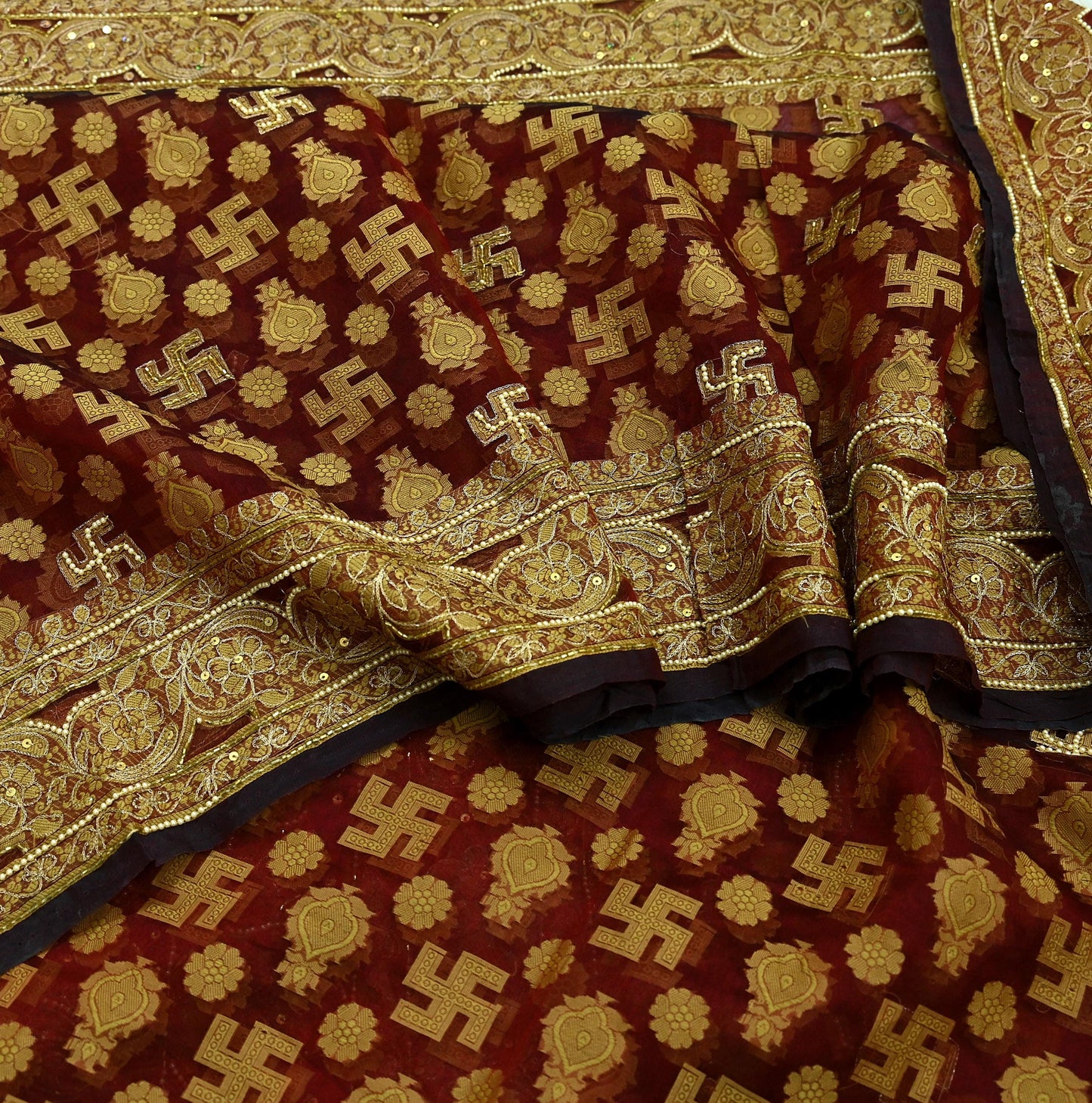 Indian Vintage Sari Maroon Hand Embroidered Saree Pure Organza Silk Craft Fabric 5Yd Ethnic Dress Making Crafting Quilting