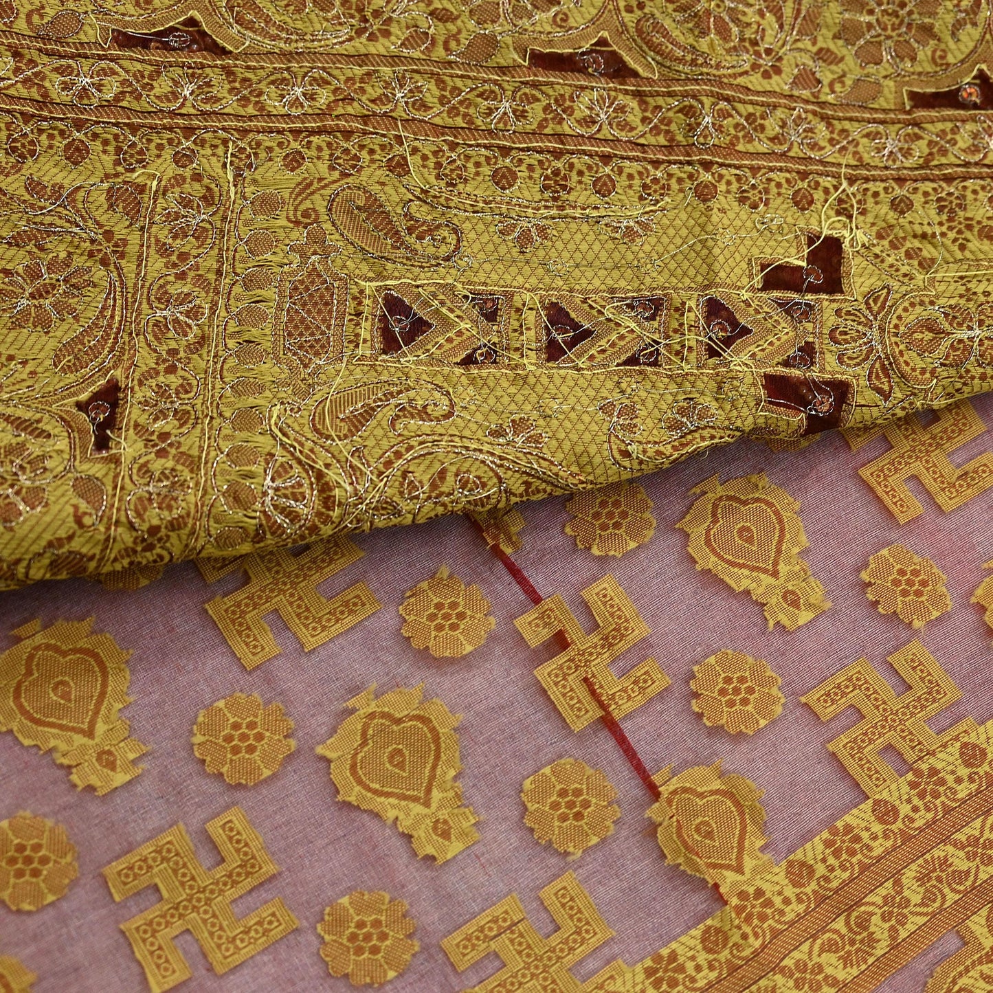 Indian Vintage Sari Maroon Hand Embroidered Saree Pure Organza Silk Craft Fabric 5Yd Ethnic Dress Making Crafting Quilting