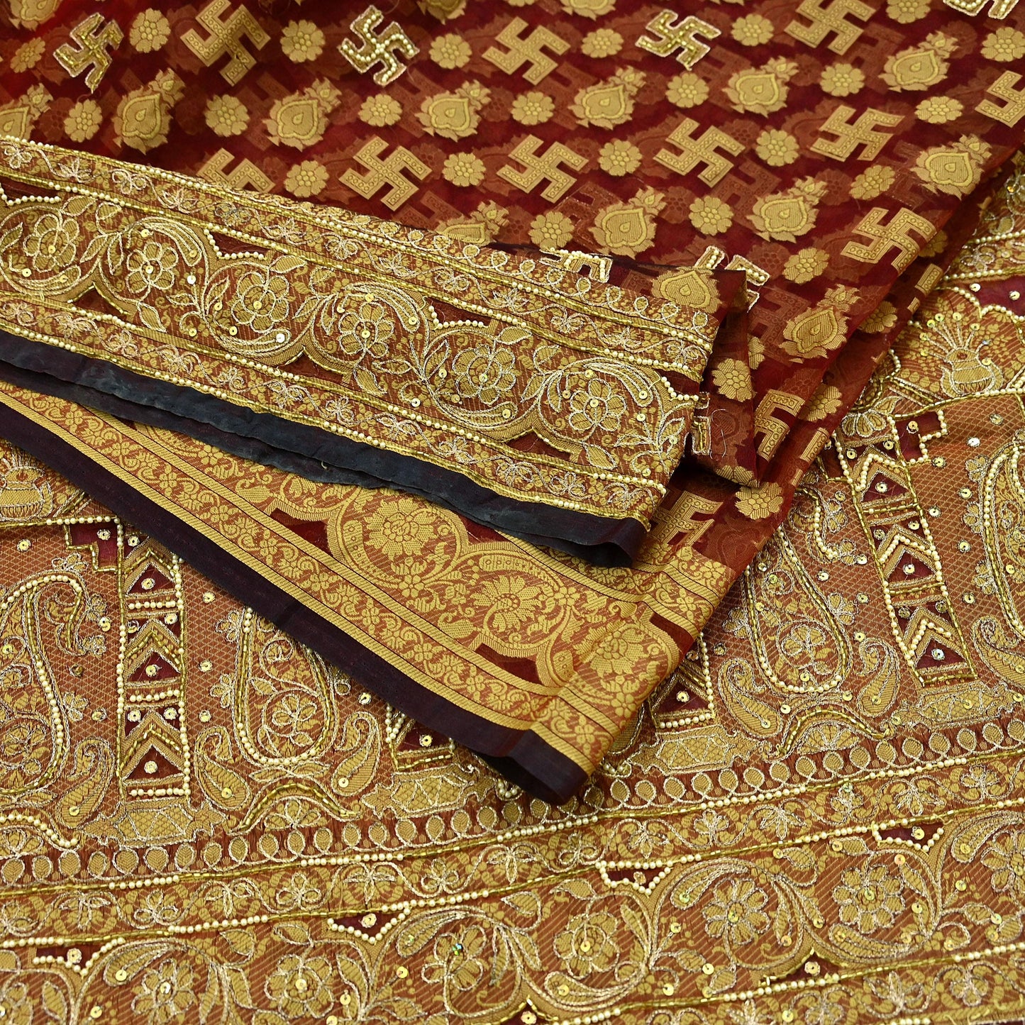 Indian Vintage Sari Maroon Hand Embroidered Saree Pure Organza Silk Craft Fabric 5Yd Ethnic Dress Making Crafting Quilting