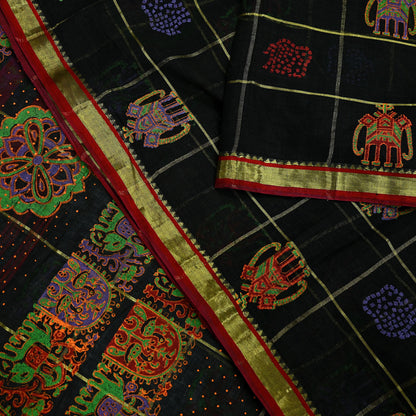 Indian Vintage Sari Black Hand Woven Painted Sarees Pure Cotton Craft Fabric 5Yd Floral Soft Dress Making Zari Border Crafting Quilting