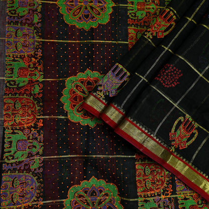 Indian Vintage Sari Black Hand Woven Painted Sarees Pure Cotton Craft Fabric 5Yd Floral Soft Dress Making Zari Border Crafting Quilting