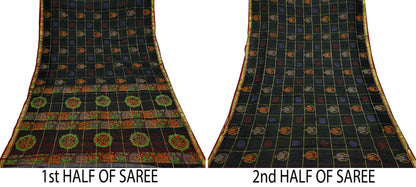 Indian Vintage Sari Black Hand Woven Painted Sarees Pure Cotton Craft Fabric 5Yd Floral Soft Dress Making Zari Border Crafting Quilting