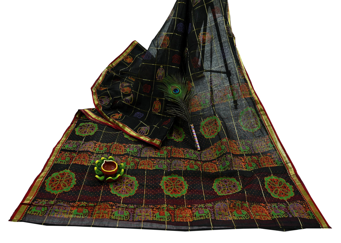 Indian Vintage Sari Black Hand Woven Painted Sarees Pure Cotton Craft Fabric 5Yd Floral Soft Dress Making Zari Border Crafting Quilting