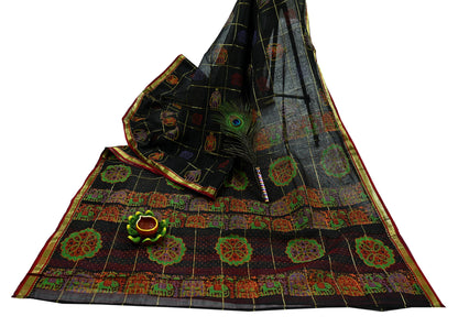 Indian Vintage Sari Black Hand Woven Painted Sarees Pure Cotton Craft Fabric 5Yd Floral Soft Dress Making Zari Border Crafting Quilting