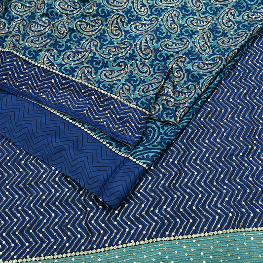 Indian Vintage Sari Blue Pure Silk Hand Embroidered Sarees 5Yd Craft Fabric Sewing soft Quilting Crafting Upcycle Ethnic Bollywood sarees