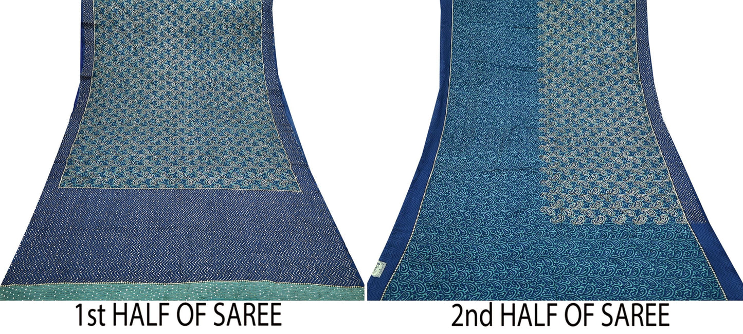Indian Vintage Sari Blue Pure Silk Hand Embroidered Sarees 5Yd Craft Fabric Sewing soft Quilting Crafting Upcycle Ethnic Bollywood sarees