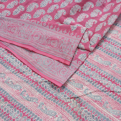 Indian Vintage Sari Pink & Gray Block Printed 100% Pure Cotton Saree Craft Fabric 5Yd Sewing Sarong Wrap Boho Dress Making Crafting Quilting
