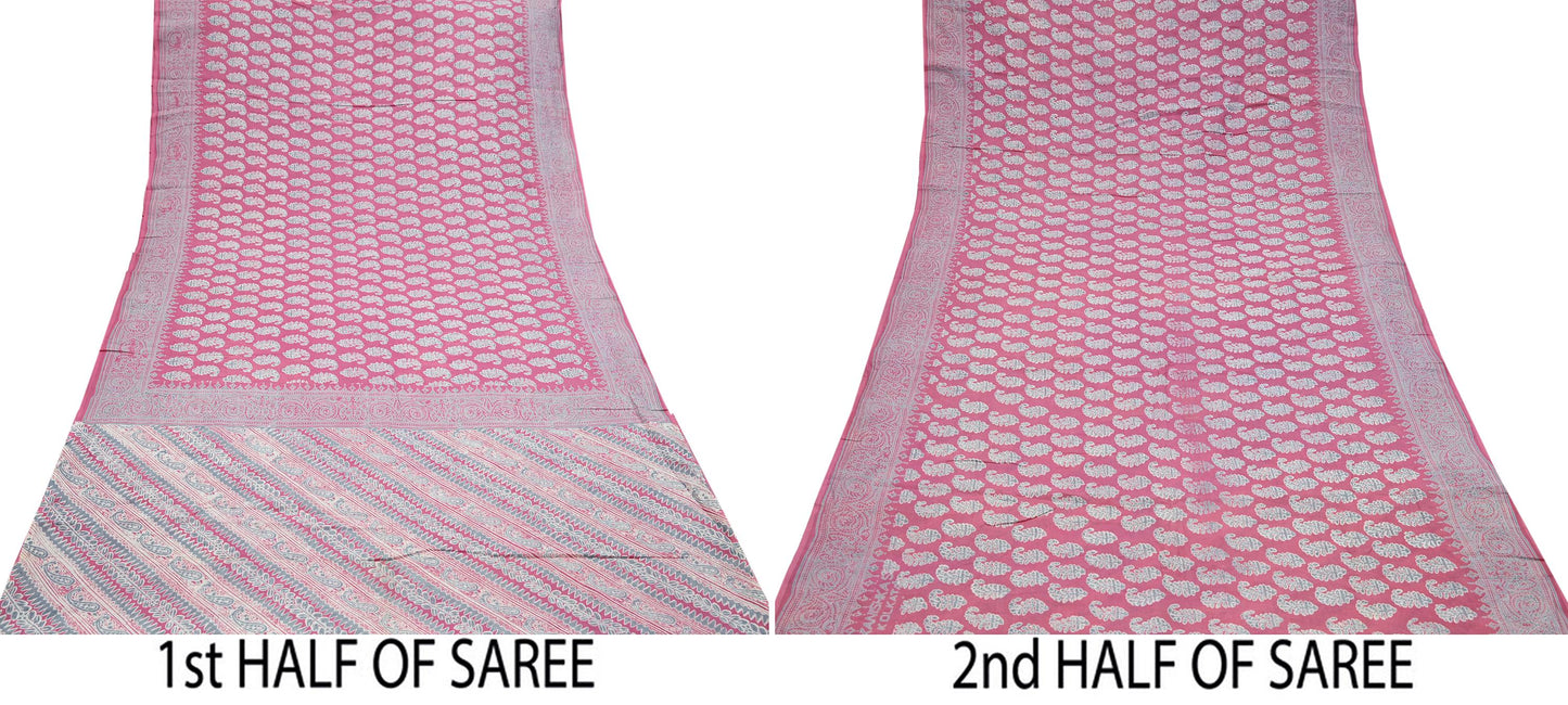 Indian Vintage Sari Pink & Gray Block Printed 100% Pure Cotton Saree Craft Fabric 5Yd Sewing Sarong Wrap Boho Dress Making Crafting Quilting