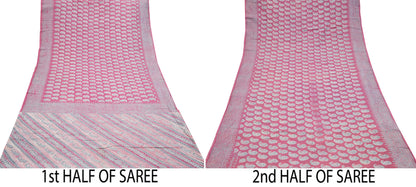 Indian Vintage Sari Pink & Gray Block Printed 100% Pure Cotton Saree Craft Fabric 5Yd Sewing Sarong Wrap Boho Dress Making Crafting Quilting