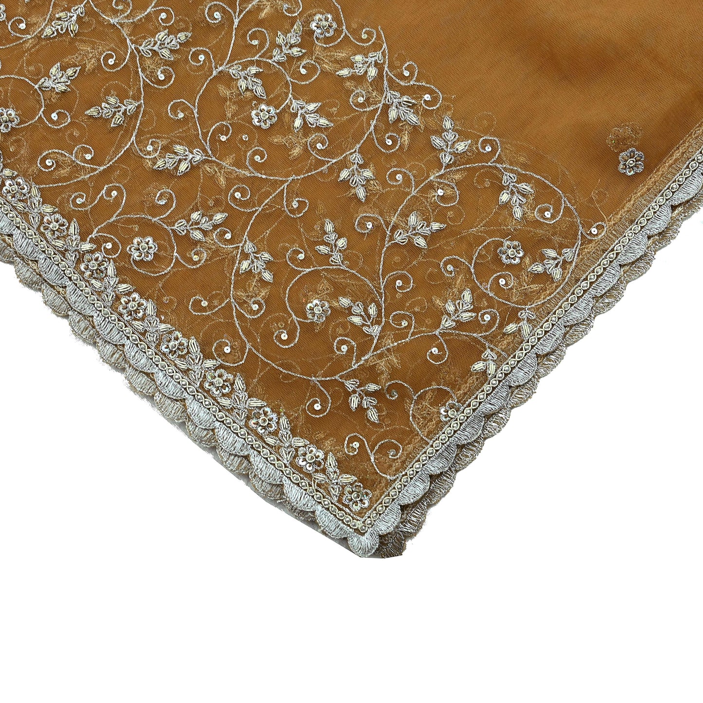 Indian Vintage Beige Dupatta Net Mesh Long Stole Hand Embroidered Scarves Golden Zardozi Zari Sequins Hijab Veil wrap Boho