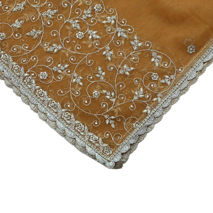 Indian Vintage Beige Dupatta Net Mesh Long Stole Hand Embroidered Scarves Golden Zardozi Zari Sequins Hijab Veil wrap Boho