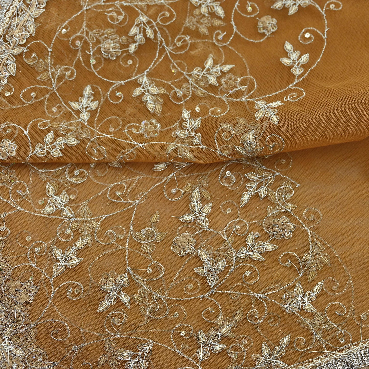 Indian Vintage Beige Dupatta Net Mesh Long Stole Hand Embroidered Scarves Golden Zardozi Zari Sequins Hijab Veil wrap Boho
