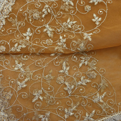 Indian Vintage Beige Dupatta Net Mesh Long Stole Hand Embroidered Scarves Golden Zardozi Zari Sequins Hijab Veil wrap Boho