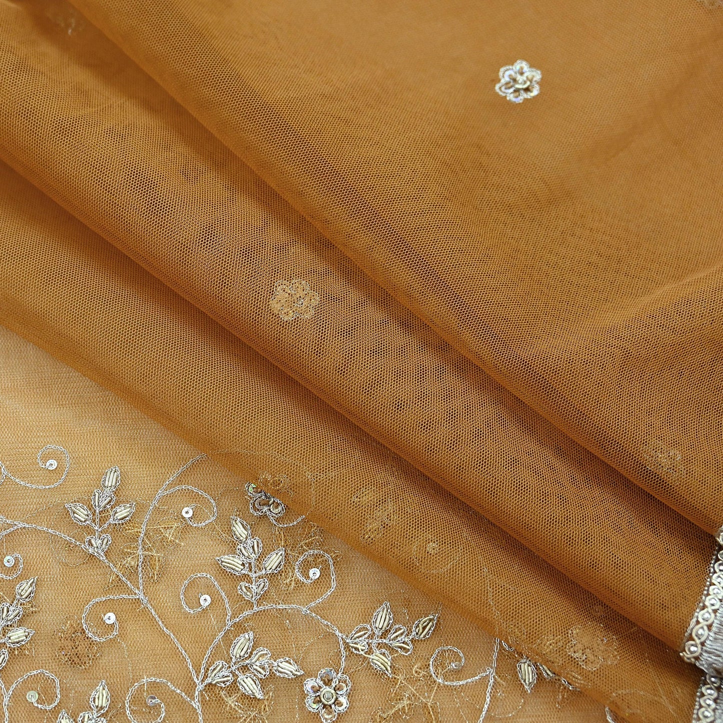 Indian Vintage Beige Dupatta Net Mesh Long Stole Hand Embroidered Scarves Golden Zardozi Zari Sequins Hijab Veil wrap Boho