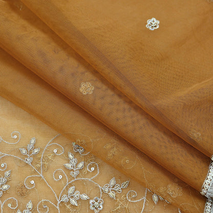 Indian Vintage Beige Dupatta Net Mesh Long Stole Hand Embroidered Scarves Golden Zardozi Zari Sequins Hijab Veil wrap Boho