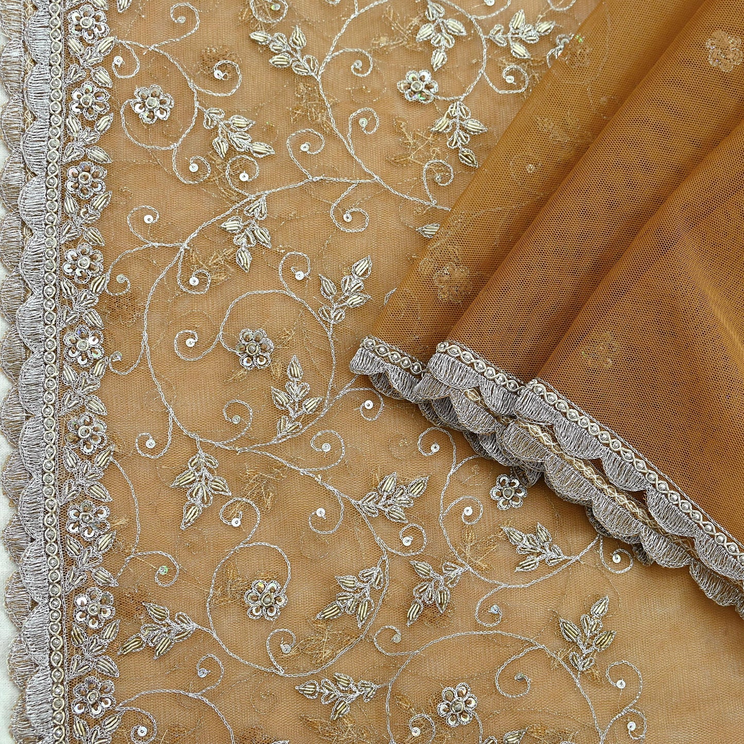 Indian Vintage Beige Dupatta Net Mesh Long Stole Hand Embroidered Scarves Golden Zardozi Zari Sequins Hijab Veil wrap Boho