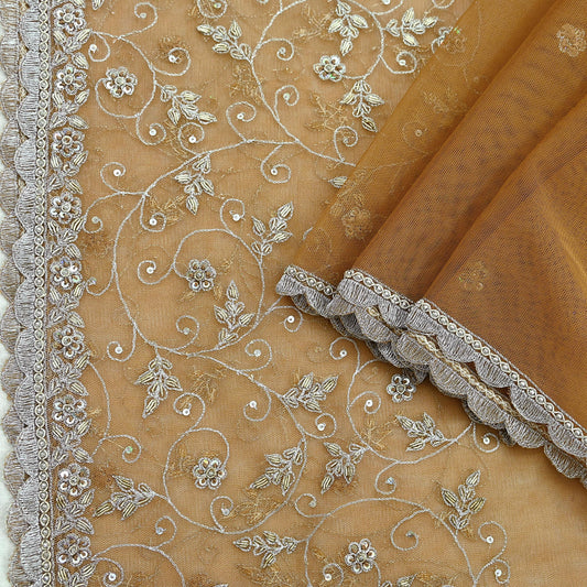 Indian Vintage Beige Dupatta Net Mesh Long Stole Hand Embroidered Scarves Golden Zardozi Zari Sequins Hijab Veil wrap Boho