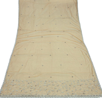 Indian Vintage Beige Dupatta Net Mesh Long Stole Hand Embroidered Scarves Golden Zardozi Zari Sequins Hijab Veil wrap Boho
