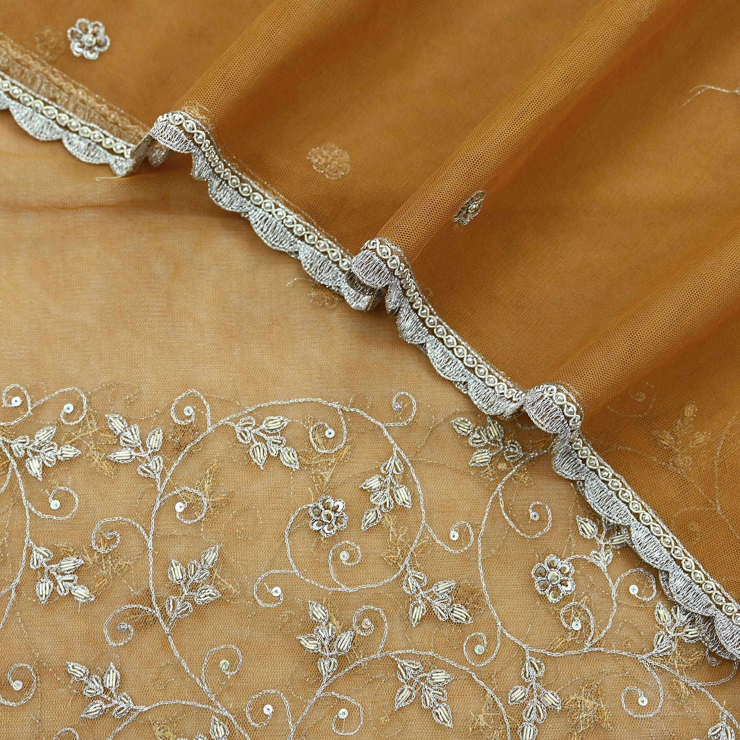 Indian Vintage Beige Dupatta Net Mesh Long Stole Hand Embroidered Scarves Golden Zardozi Zari Sequins Hijab Veil wrap Boho