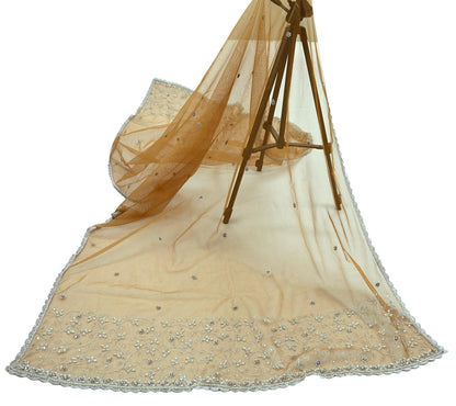 Indian Vintage Beige Dupatta Net Mesh Long Stole Hand Embroidered Scarves Golden Zardozi Zari Sequins Hijab Veil wrap Boho